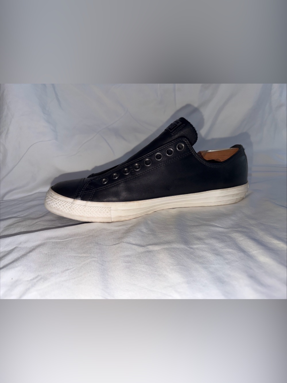 Converse Black Leather Slip-On Low Top Sneakers with White Sole - Picture 6 of 12